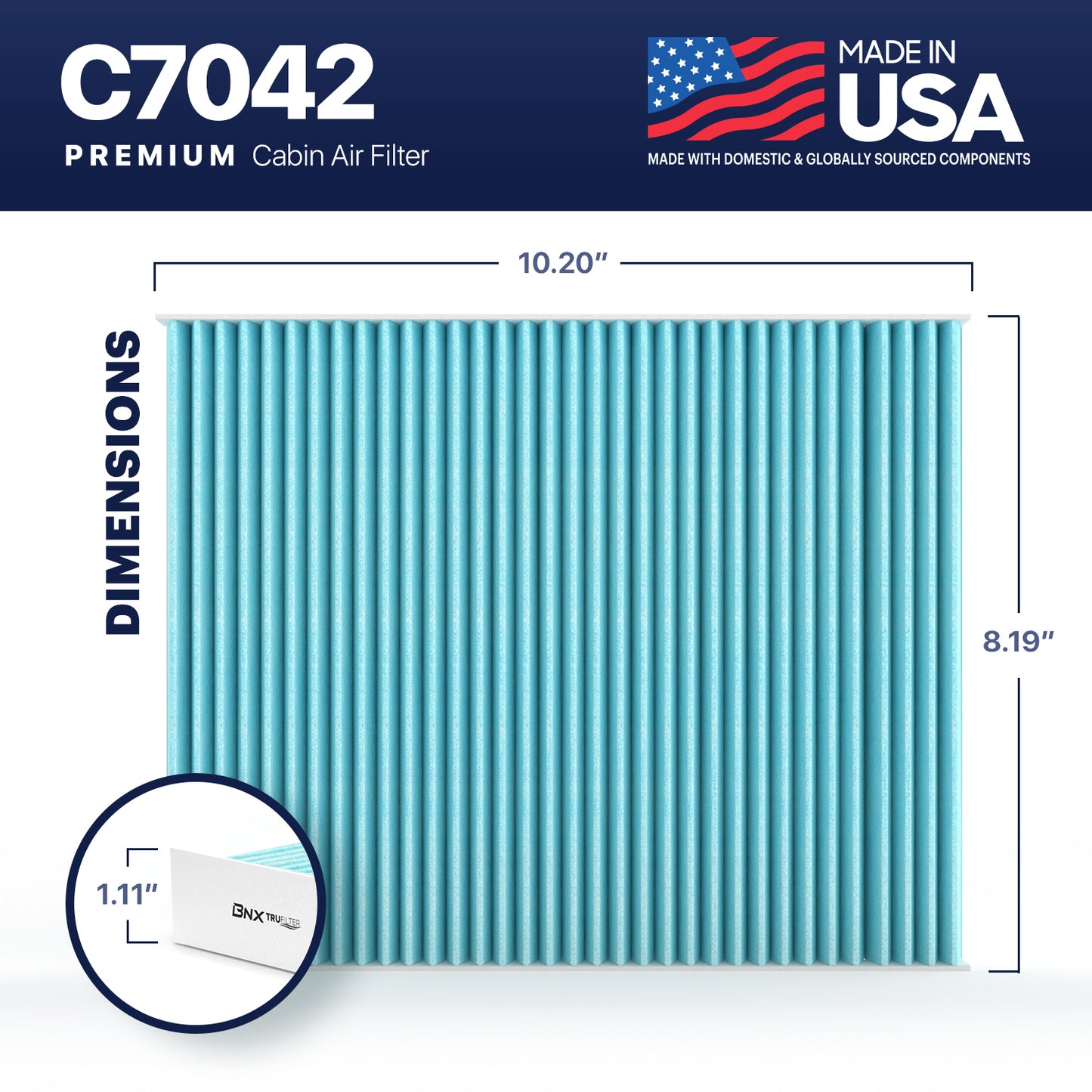 BNX TruFilter C7042 Cabin Air Filter, HEPA 99.97%, MADE IN USA, Compatible With Hyundai: Santa Fe; Kia: Sorento