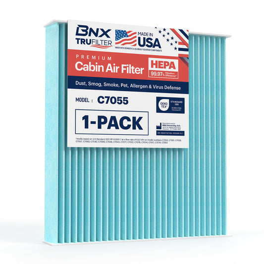 BNX TruFilter C7055 Cabin Air Filter, HEPA 99.97%, MADE IN USA, Compatible With Toyota Camry, Corolla, Highlander, RAV4, Tundra, Prius, 4Runner; Subaru Outback, Legacy; Lexus RX, GS, GX, IS, LS, ES