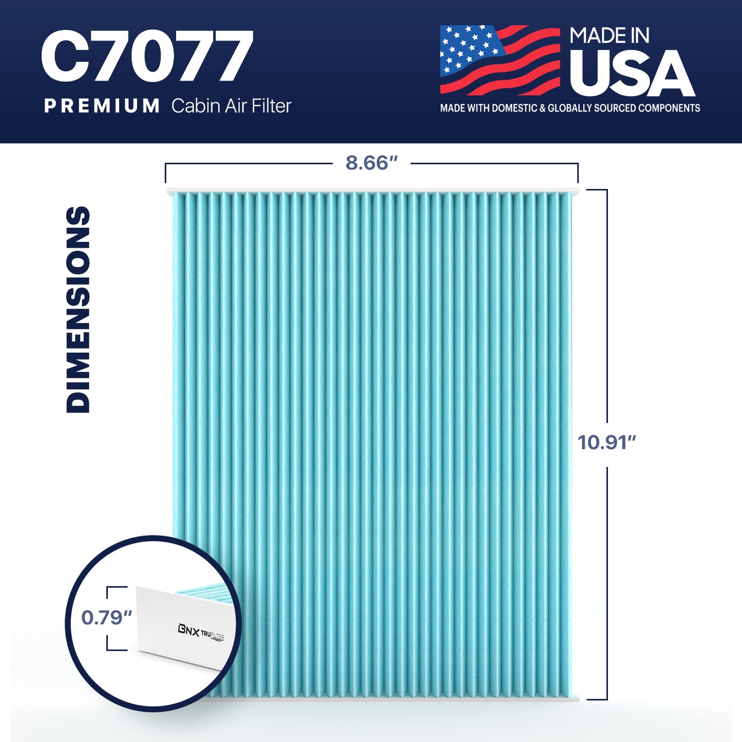 BNX TruFilter C7077 Cabin Air Filter, HEPA 99.97%, MADE IN USA, Compatible With Ford Edge, Fusion, Police Responder Hybrid, SSV Plug-In Hybrid; Lincoln Continental, MKX, MKZ