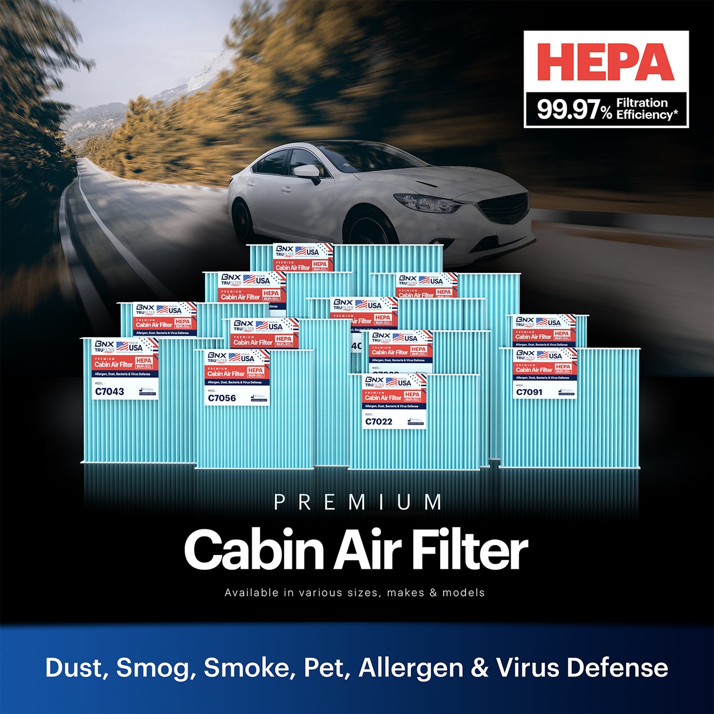 BNX TruFilter C7087 Cabin Air Filter, HEPA 99.97%, MADE IN USA, Compatible With Toyota: Camry, Avalon; Lexus: ES300h, ES350, RX350, RX450h