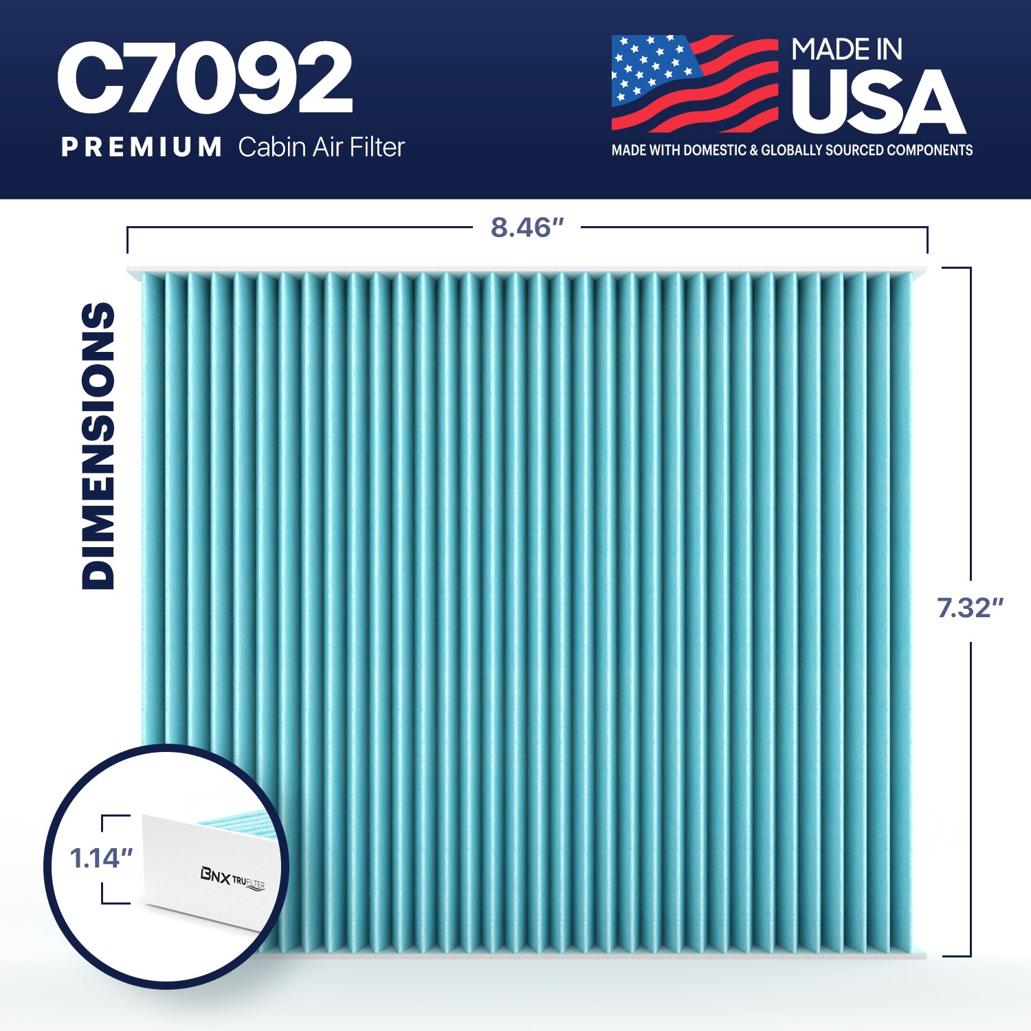 BNX TruFilter C7092 Cabin Air Filter, 99.97% HEPA, MADE IN USA