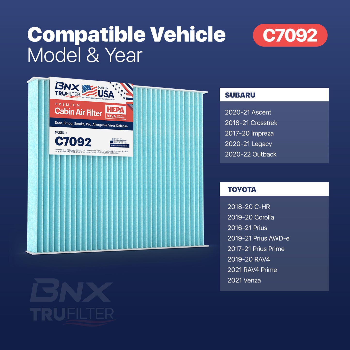 BNX TruFilter C7092 Cabin Air Filter, 99.97% HEPA, MADE IN USA Compatible with Subaru Crosstrek, Ascent, Impreza, Legacy, Outback, Toyota Prius C-HR, Prius AWD-e, Prius Prime, Corolla, RAV4, RAV4 Prime, Venza