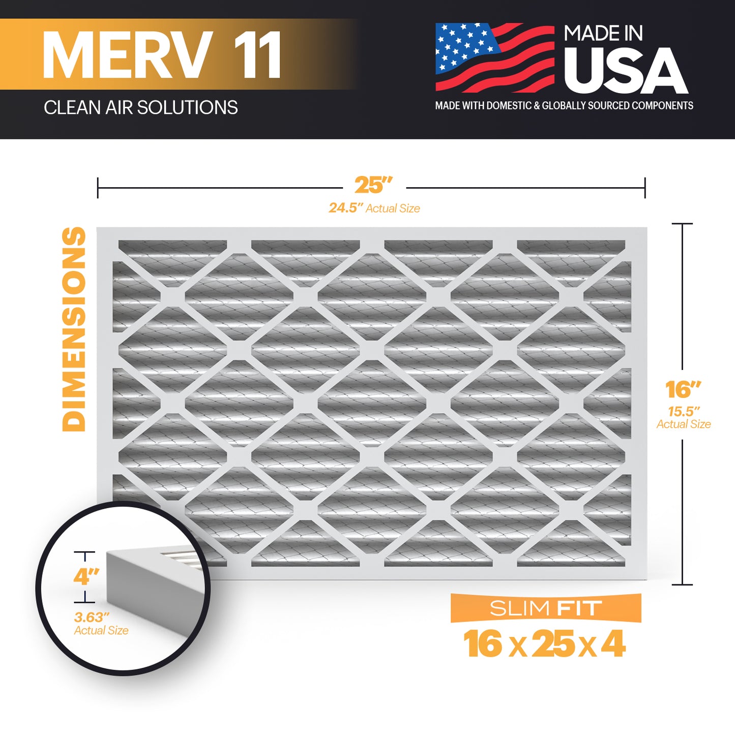 BNX TruFilter 16x25x4 MERV 11 Pleated Air Filter – Made in USA (2-Pack) (Slim Fit)