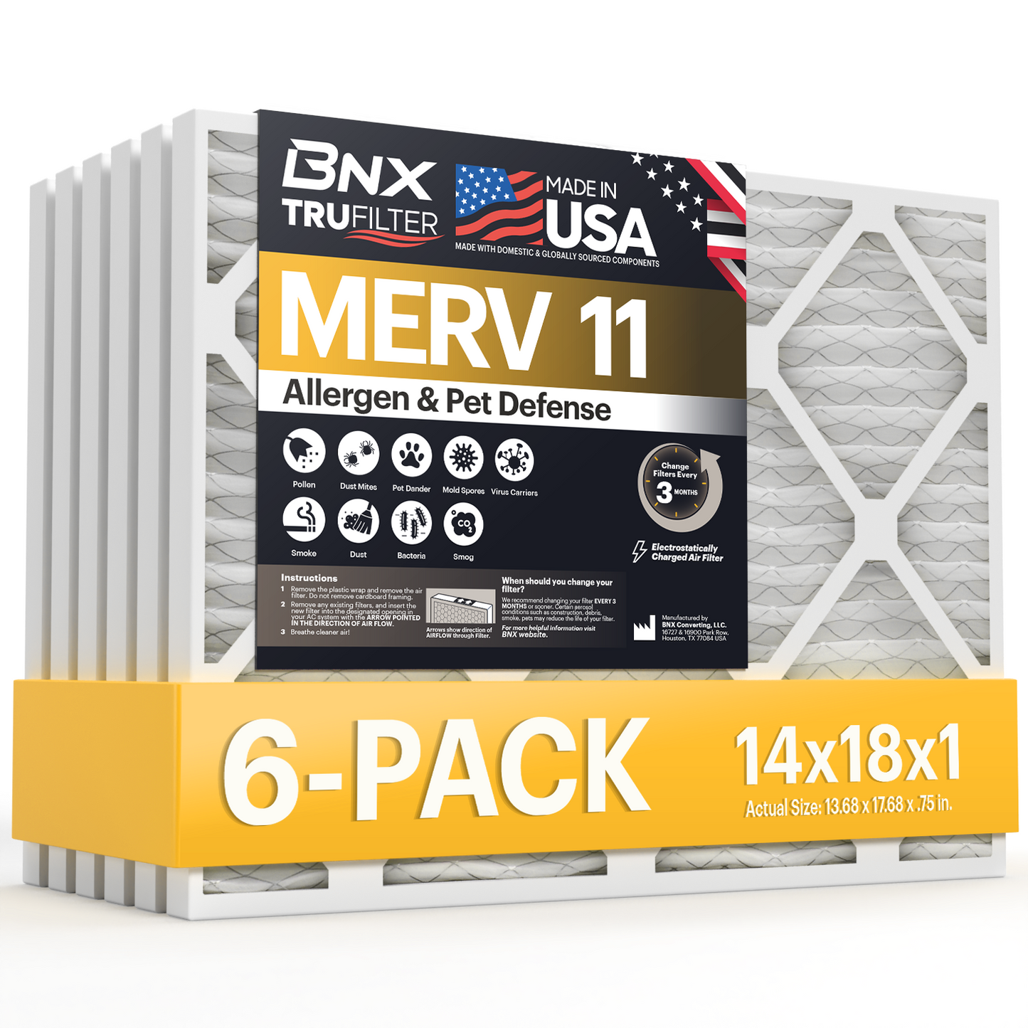 BNX TruFilter 14x18x1 MERV 11 Pleated Air Filter – Made in USA (6-Pack)