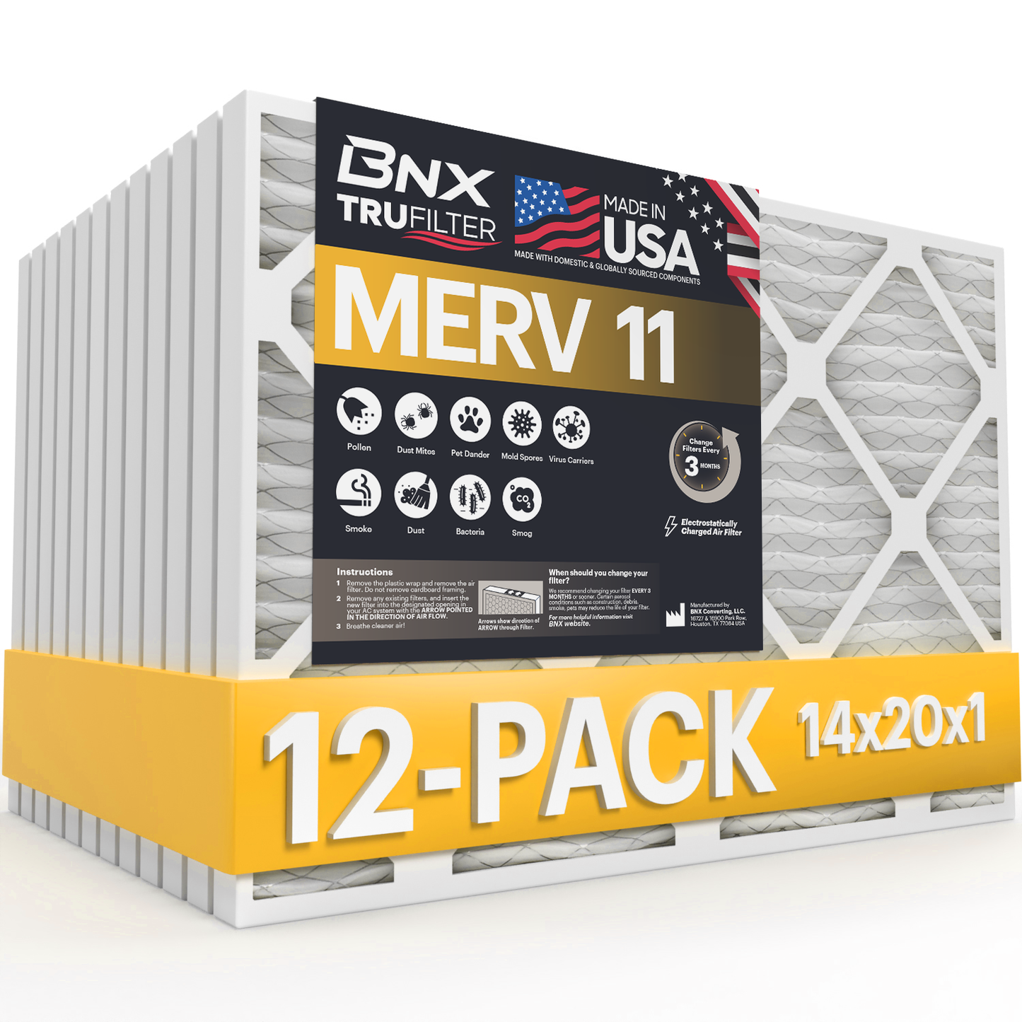 BNX TruFilter 14x20x1 Air Filter MERV 11 (12-Pack) - MADE IN USA - Allergen Defense Electrostatic Pleated Air Conditioner HVAC AC Furnace Filters for Allergies, Dust, Pet, Smoke, Allergy MPR 1200 FPR 7