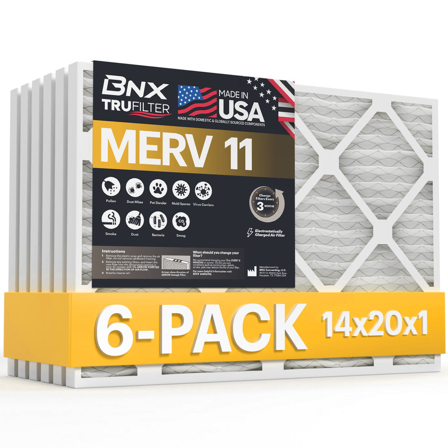 BNX TruFilter 14x20x1 MERV 11 Air Filter 6 Pack - MADE IN USA - Electrostatic Pleated Air Conditioner HVAC AC Furnace Filters - Removes Dust, Mold, Pollen, Lint, Pet Dander, Smoke, Smog
