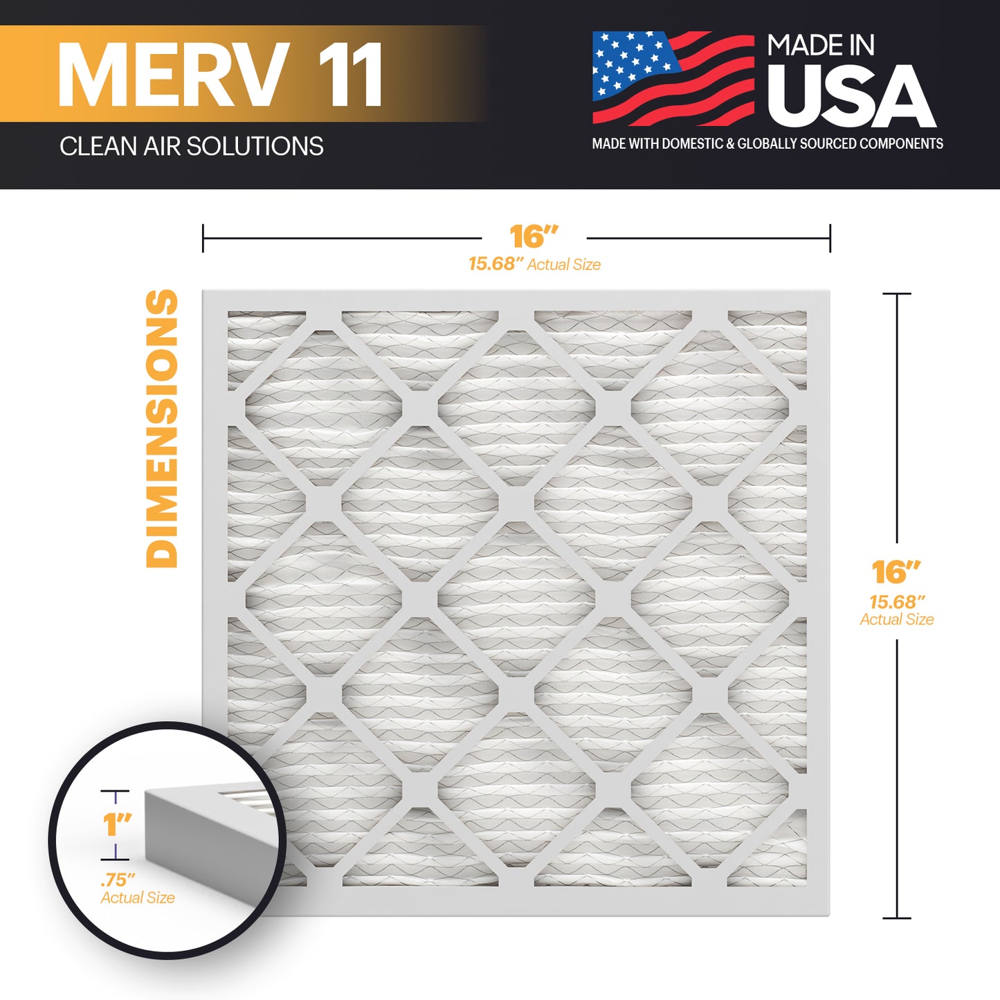 BNX TruFilter 16x16x1 MERV 11 Air Filter 6 Pack - MADE IN USA - Electrostatic Pleated Air Conditioner HVAC AC Furnace Filters - Removes Dust, Mold, Pollen, Lint, Pet Dander, Smoke, Smog