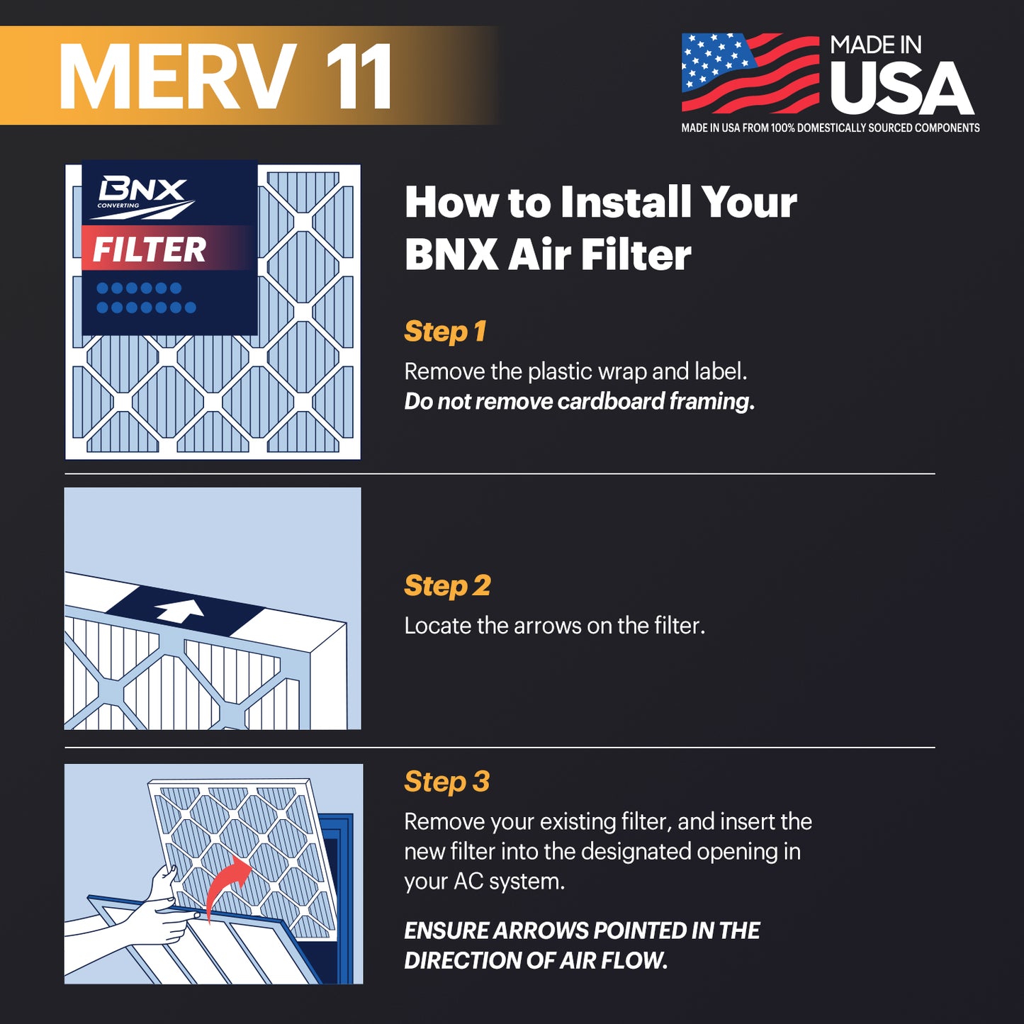 BNX 20x20x1 MERV 11 Air Filter 5 Pack - MADE IN USA - Electrostatic Pleated Air Conditioner HVAC AC Furnace Filters - Removes Dust, Mold, Pollen, Lint, Pet Dander, Smoke, Smog