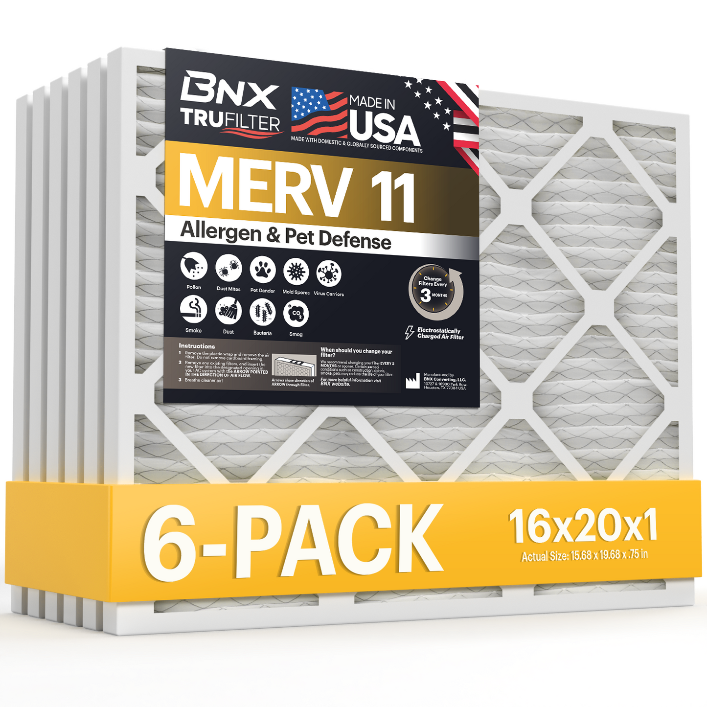 BNX TruFilter 16x20x1 Air Filter MERV 11 (6-Pack) - MADE IN USA - Allergen Defense Electrostatic Pleated Air Conditioner HVAC AC Furnace Filters for Allergies, Dust, Pet, Smoke, Allergy MPR 1200 FPR 7