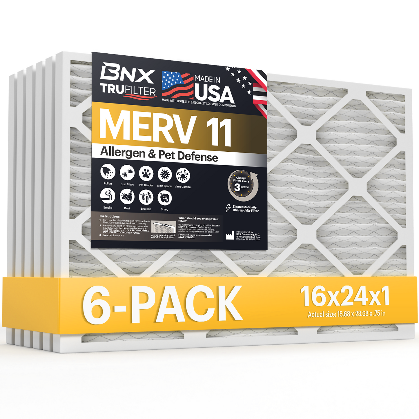 BNX TruFilter 16x24x1 Air Filter MERV 11 (6-Pack) - MADE IN USA - Allergen Defense Electrostatic Pleated Air Conditioner HVAC AC Furnace Filters for Allergies, Dust, Pet, Smoke, Allergy MPR 1200 FPR 7
