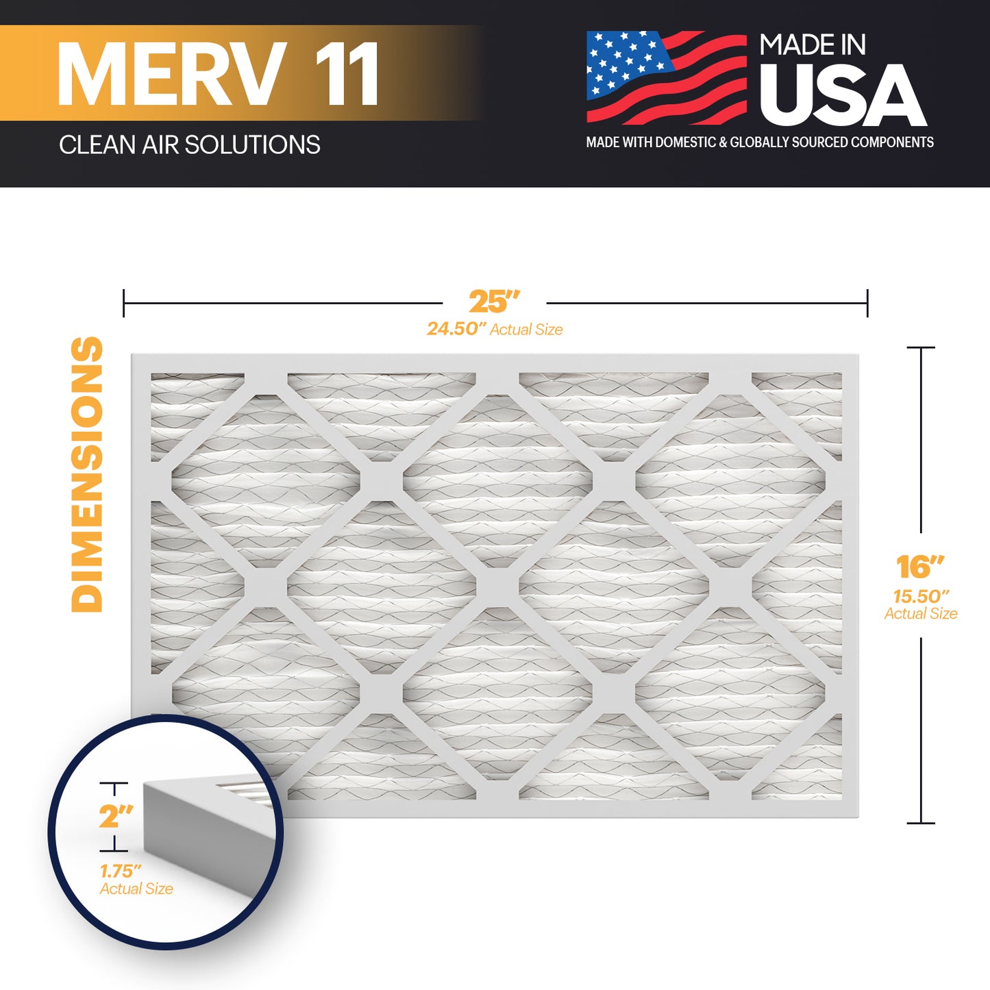 BNX TruFilter 16x25x2 MERV 11 Pleated Air Filter – Made in USA (2-Pack)