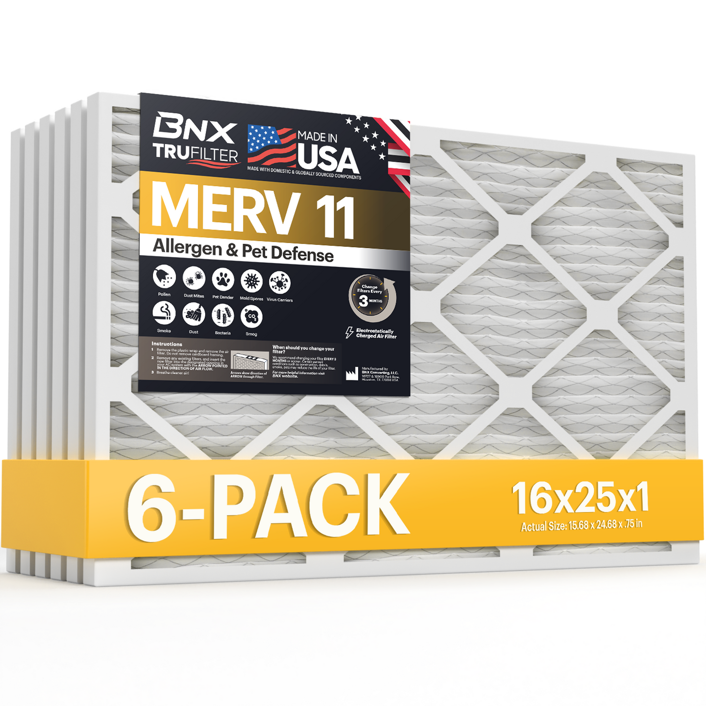 BNX TruFilter 16x25x1 Air Filter MERV 11 (6-Pack) - MADE IN USA - Allergen Defense Electrostatic Pleated Air Conditioner HVAC AC Furnace Filters for Allergies, Dust, Pet, Smoke, Allergy MPR 1200 FPR 7