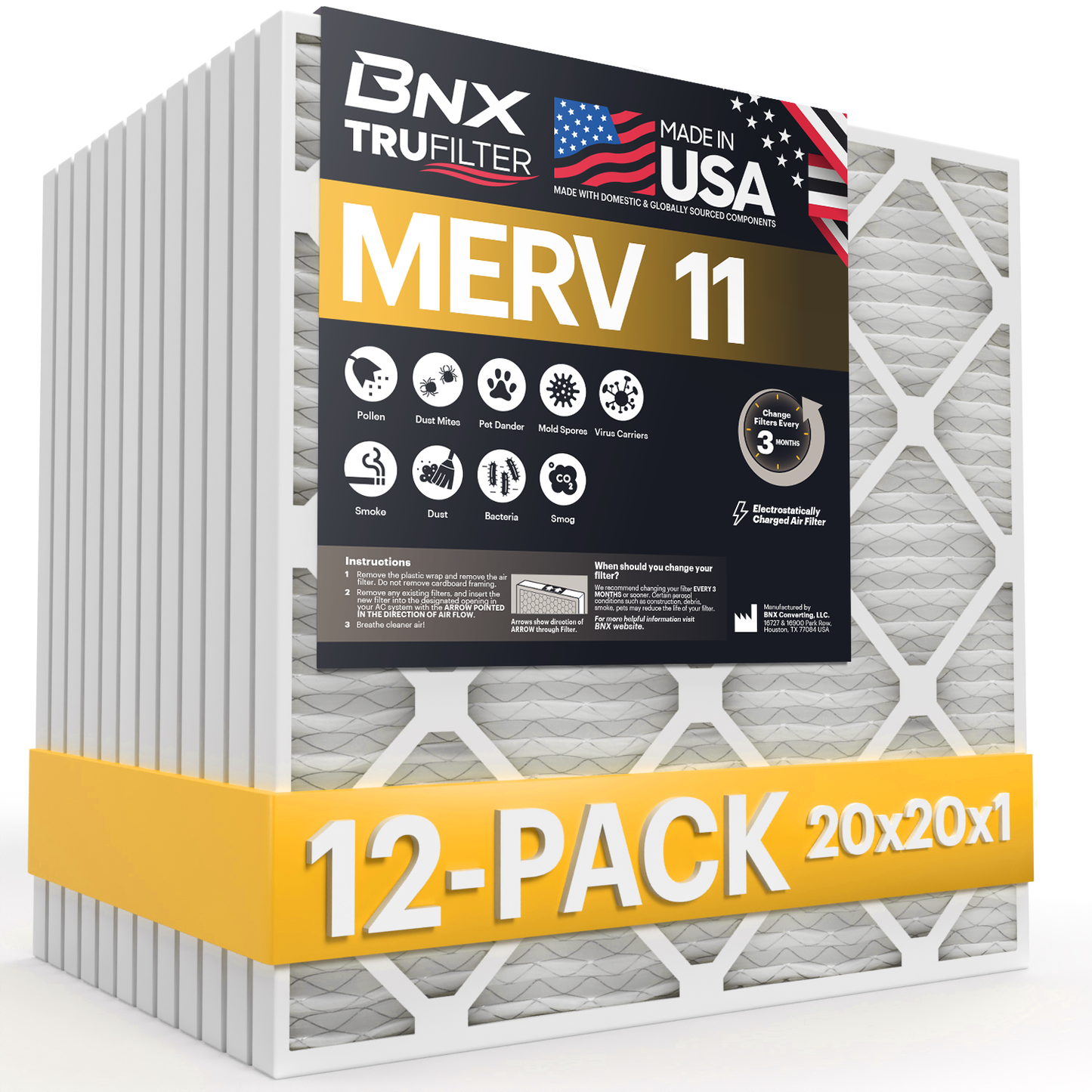 BNX TruFilter 20x20x1 Air Filter MERV 11 (12-Pack) - MADE IN USA - Allergen Defense Electrostatic Pleated Air Conditioner HVAC AC Furnace Filters for Allergies, Dust, Pet, Smoke, Allergy MPR 1200 FPR 7