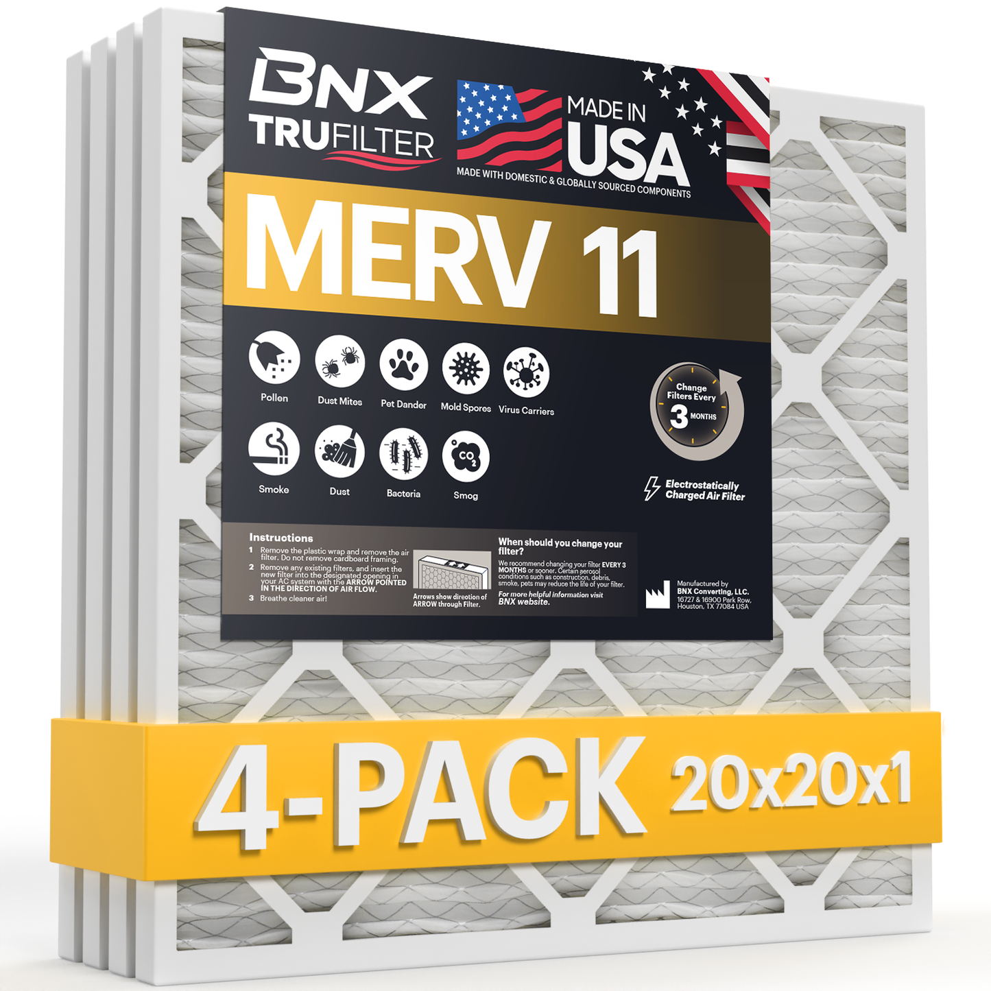 BNX TruFilter 20x20x1 Air Filter MERV 11 (4-Pack) - MADE IN USA - Allergen Defense Electrostatic Pleated Air Conditioner HVAC AC Furnace Filters for Allergies, Dust, Pet, Smoke, Allergy MPR 1200 FPR 7