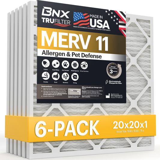 BNX TruFilter 20x20x1 Air Filter MERV 11 (6-Pack) - MADE IN USA - Allergen Defense Electrostatic Pleated Air Conditioner HVAC AC Furnace Filters for Allergies, Dust, Pet, Smoke, Allergy MPR 1200 FPR 7