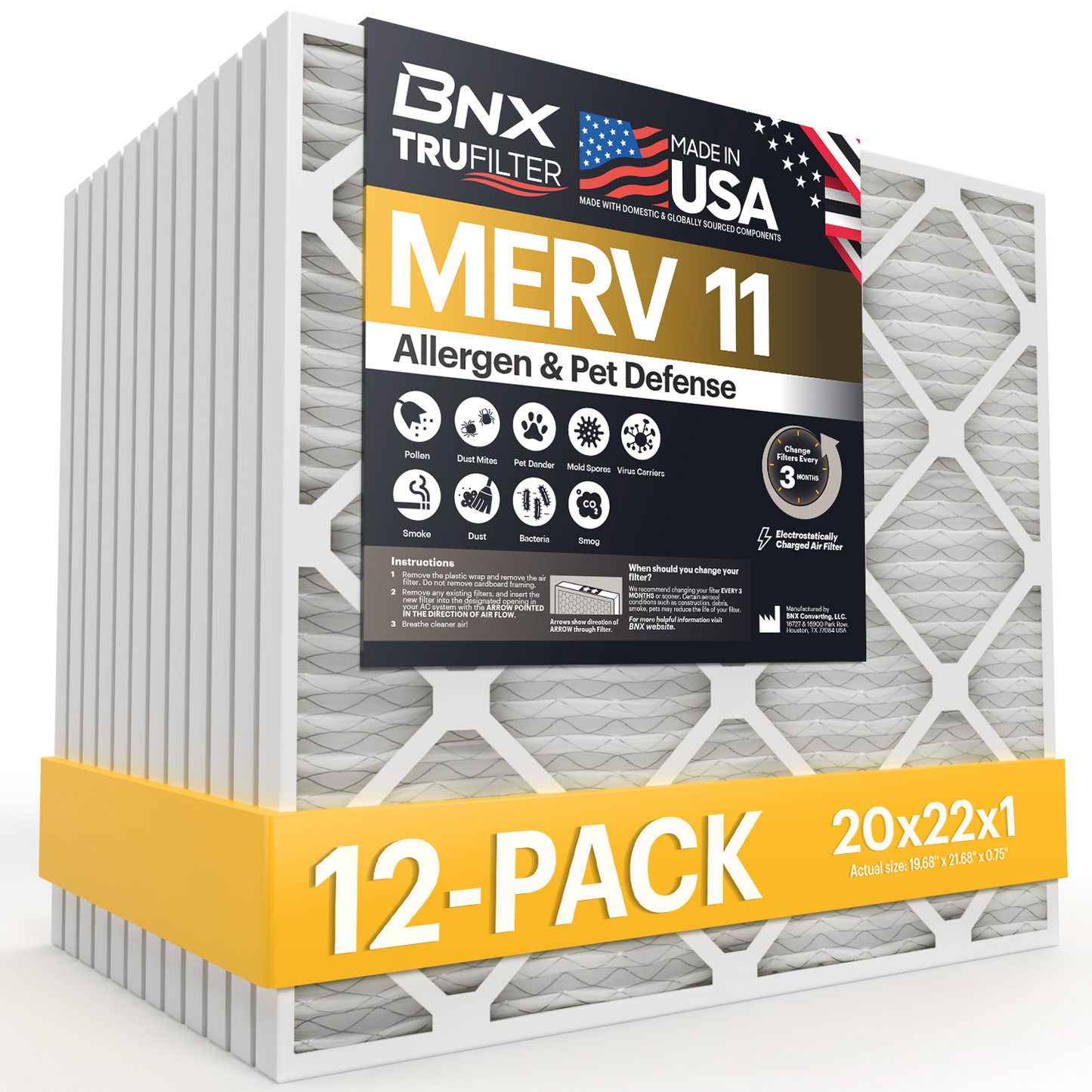 BNX TruFilter 20x22x1 Air Filter MERV 11 (12-Pack)- MADE IN USA - Allergen Defense Electrostatic Pleated Air Conditioner HVAC AC Furnace Filters for Allergies, Dust, Pet, Smoke, Allergy MPR 1200 FPR 7
