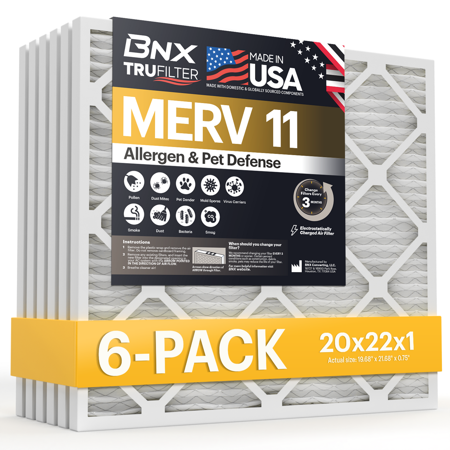 BNX TruFilter 20x22x1 Air Filter MERV 11 (6-Pack) - MADE IN USA - Allergen Defense Electrostatic Pleated Air Conditioner HVAC AC Furnace Filters for Allergies, Dust, Pet, Smoke, Allergy MPR 1200 FPR 7