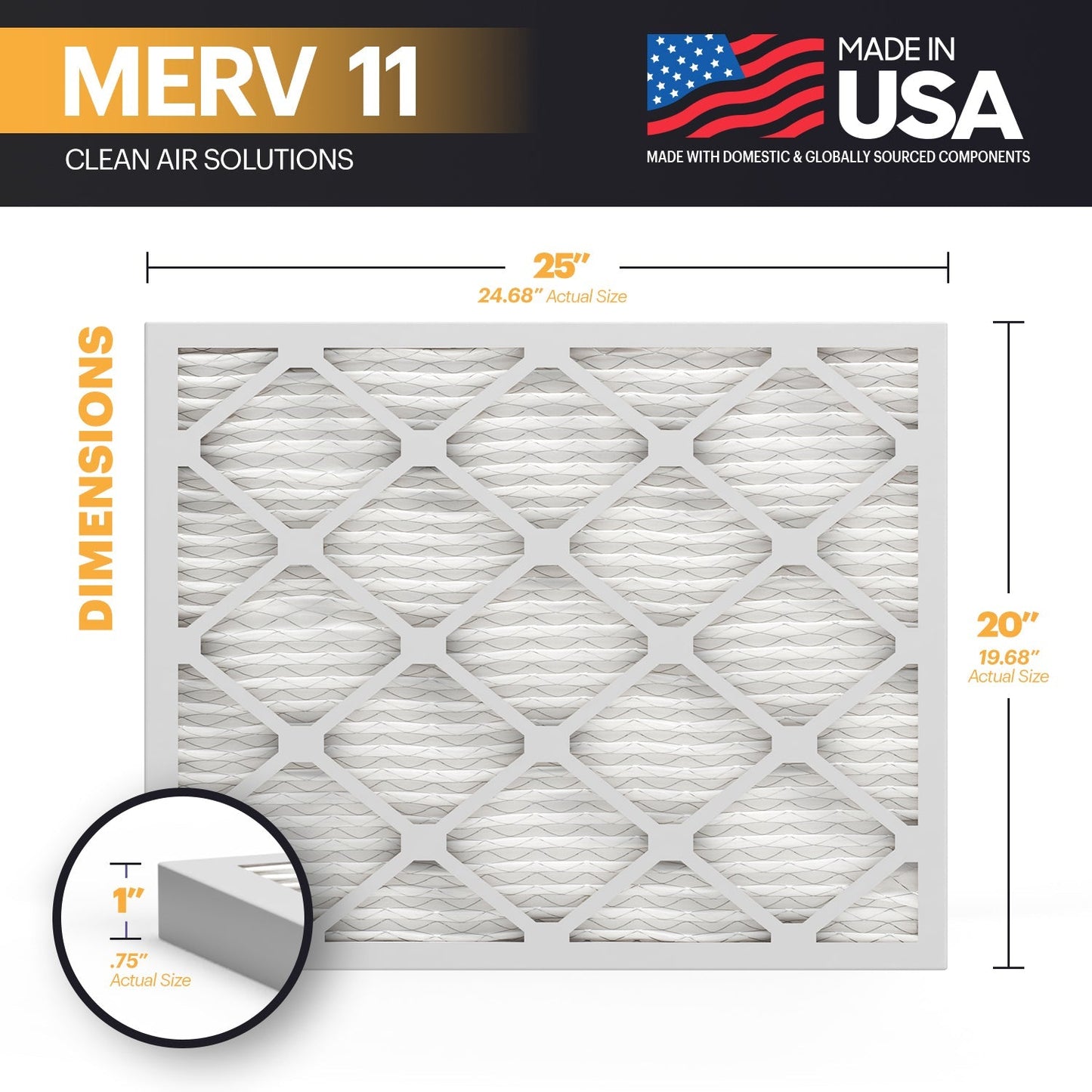 BNX 20x25x1 MERV 11 Air Filter 4 Pack - MADE IN USA - Electrostatic Pleated Air Conditioner HVAC AC Furnace Filters - Removes Dust, Mold, Pollen, Lint, Pet Dander, Smoke, Smog