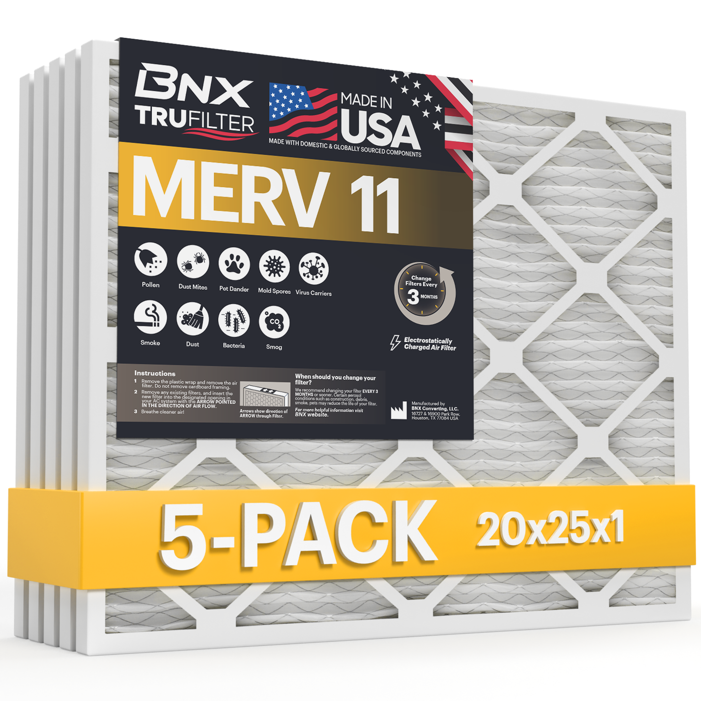 BNX 20x25x1 MERV 11 Air Filter 5 Pack - MADE IN USA - Electrostatic Pleated Air Conditioner HVAC AC Furnace Filters - Removes Dust, Mold, Pollen, Lint, Pet Dander, Smoke, Smog