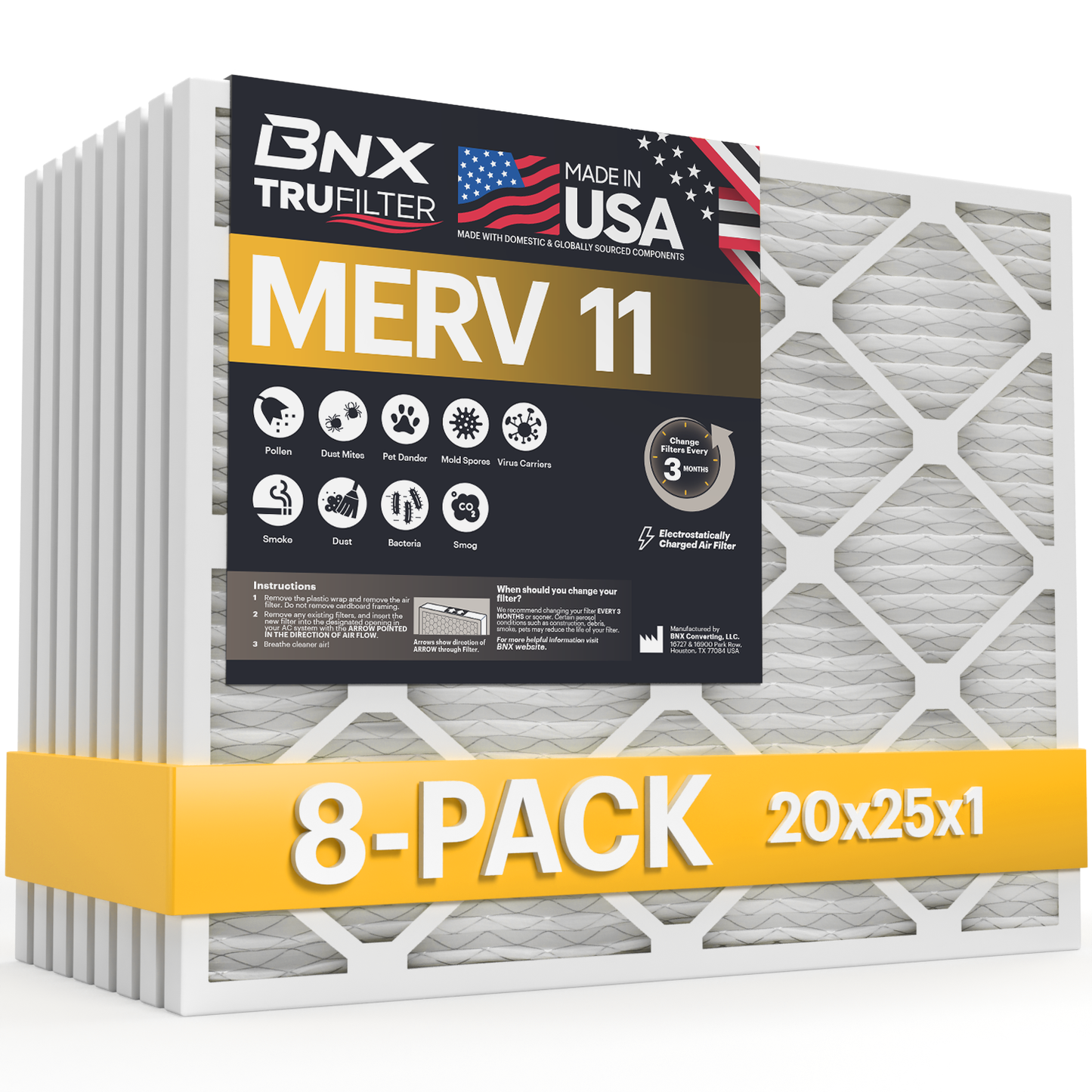 BNX 20x25x1 MERV 11 Air Filter 8 Pack - MADE IN USA - Electrostatic Pleated Air Conditioner HVAC AC Furnace Filters - Removes Dust, Mold, Pollen, Lint, Pet Dander, Smoke, Smog