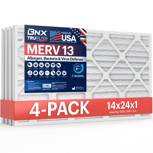 BNX TruFilter 14x24x1 MERV 13 Pleated Air Filter – Made in USA (4-Pack)