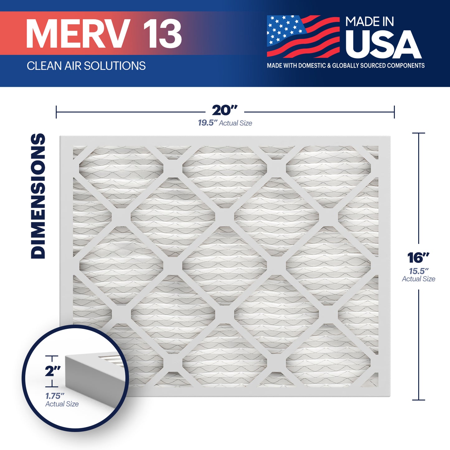 BNX TruFilter 16x20x2 MERV 13 Pleated Air Filter – Made in USA (4-Pack)
