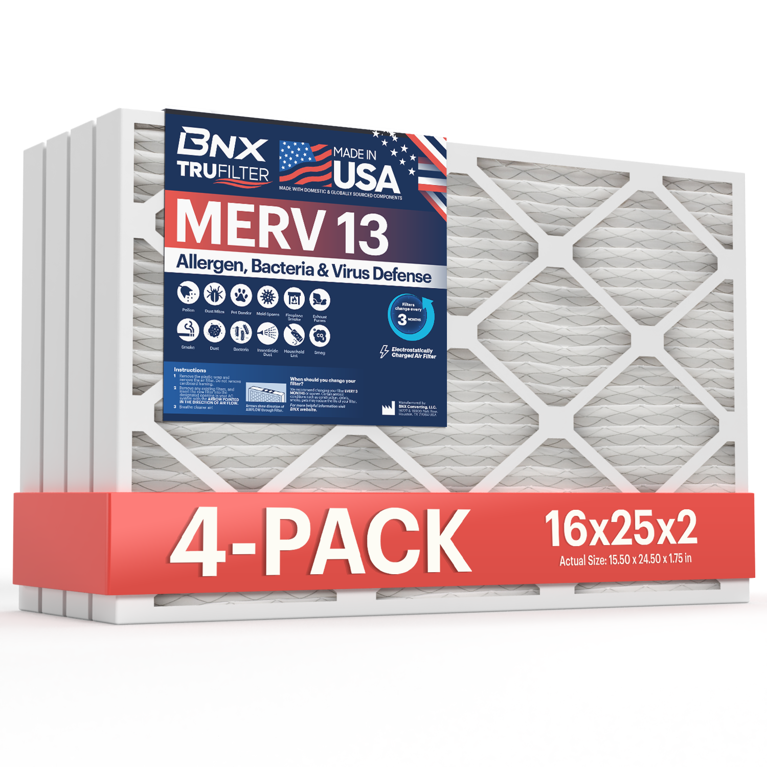 BNX TruFilter 16x25x2 MERV 13 Pleated Air Filter – Made in USA (4