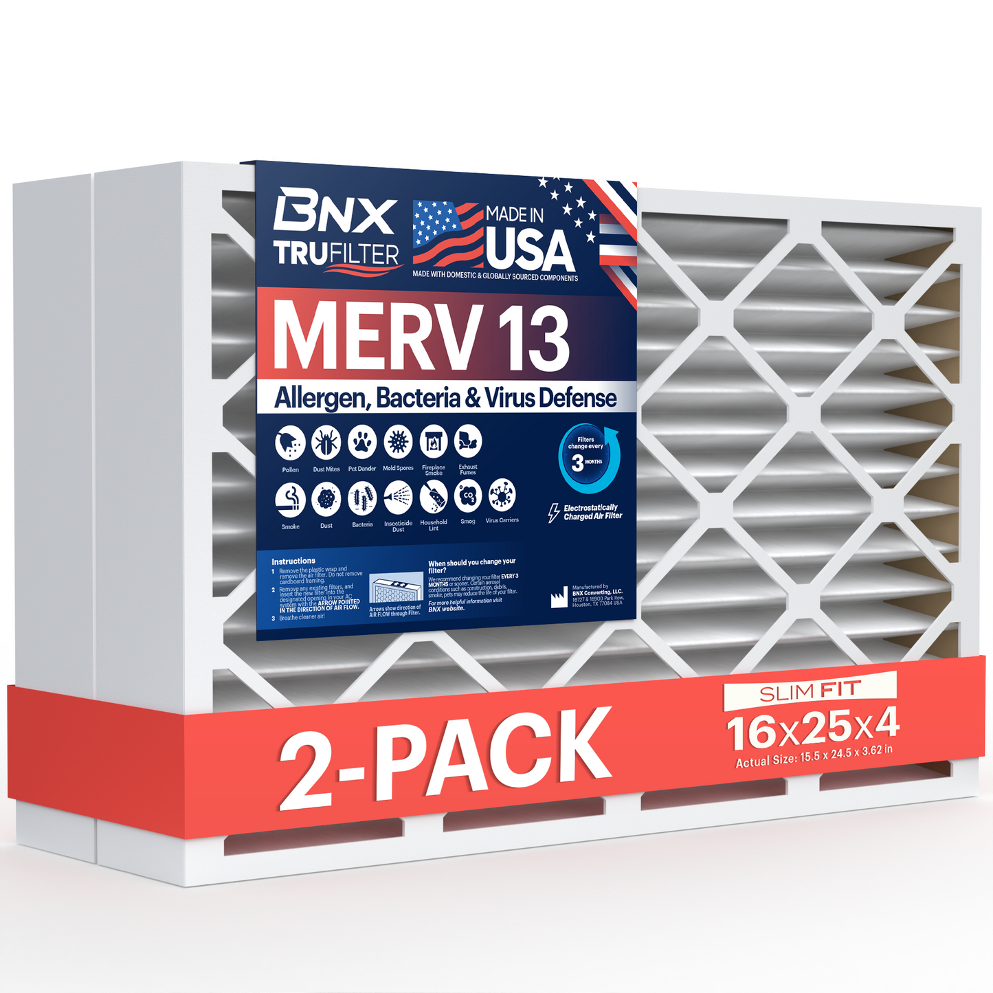 BNX TruFilter 16x25x4 MERV 13 Pleated Air Filter – Made in USA (2-Pack) (Slim Fit)