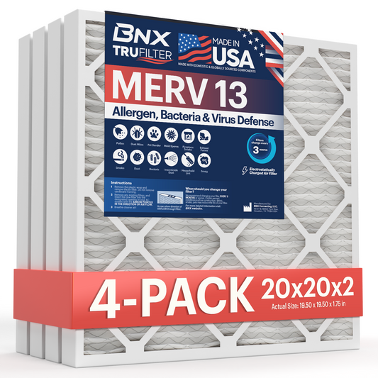 BNX TruFilter 20x20x2 MERV 13 Pleated Air Filter – Made in USA (4-Pack)