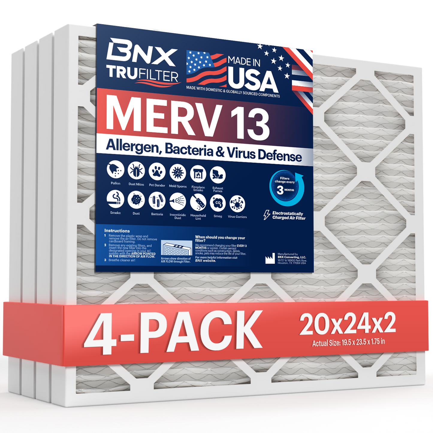 BNX TruFilter 20x24x2 MERV 13 Pleated Air Filter – Made in USA (4-Pack