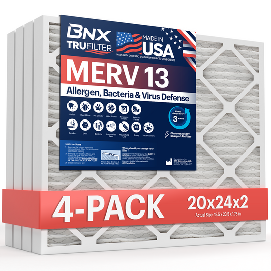 BNX TruFilter 20x24x2 MERV 13 Pleated Air Filter – Made in USA (4-Pack