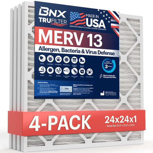 BNX TruFilter 24x24x1 MERV 13 Pleated Air Filter – Made in USA (4-Pack)