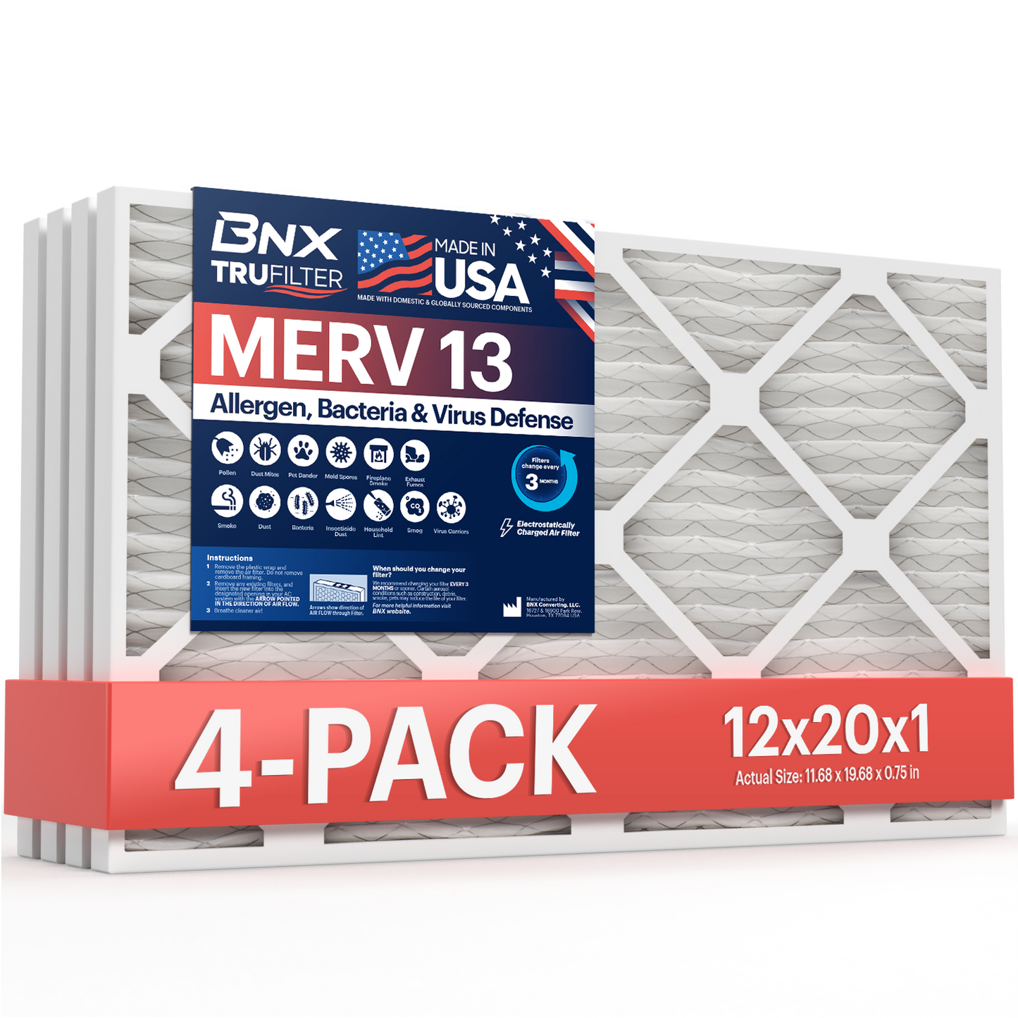 BNX TruFilter 12x20x1 MERV 13 Pleated Air Filter – Made in USA (4-Pack)