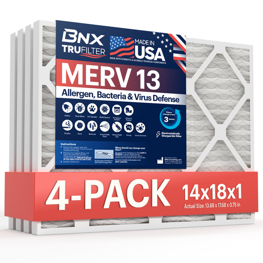 BNX TruFilter 14x18x1 MERV 13 Pleated Air Filter – Made in USA (4-Pack)