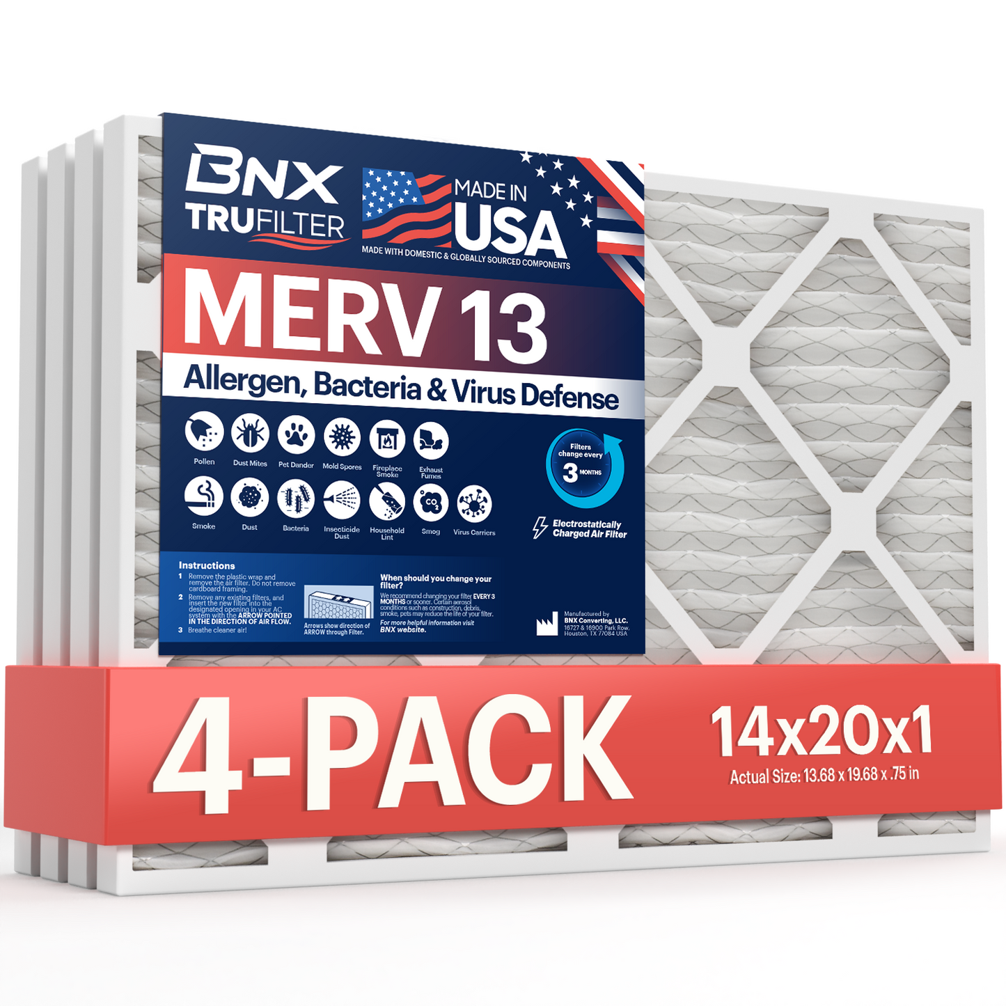 BNX TruFilter 14x20x1 MERV 13 Pleated Air Filter – Made in USA (4-Pack)