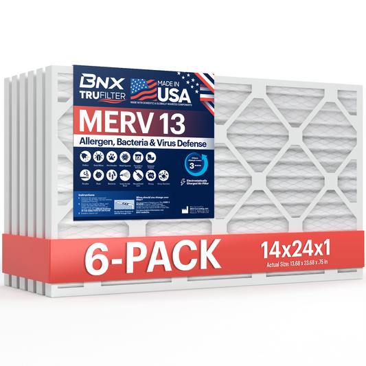 BNX TruFilter 14x24x1 MERV 13 Pleated Air Filter – Made in USA (6-Pack)