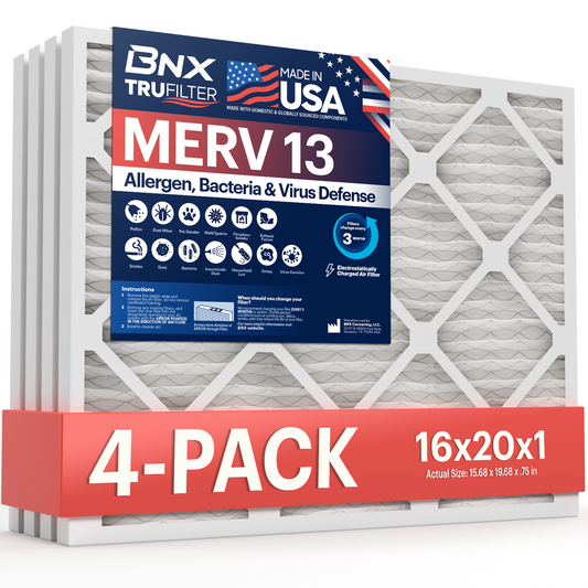 BNX 16x20x1 MERV 13 Pleated Air Filter – Made in USA (4-Pack)