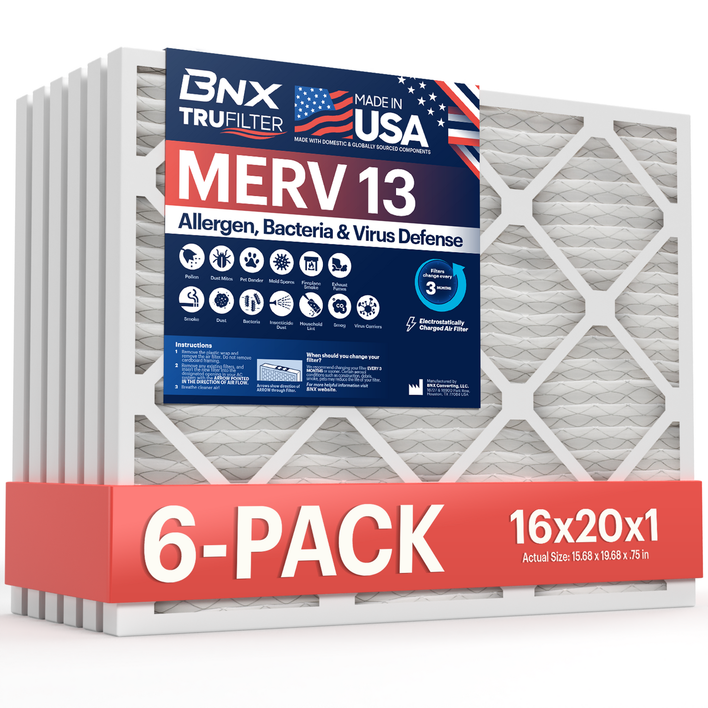 BNX TruFilter 16x20x1 MERV 13 Pleated Air Filter – Made in USA (6-Pack)