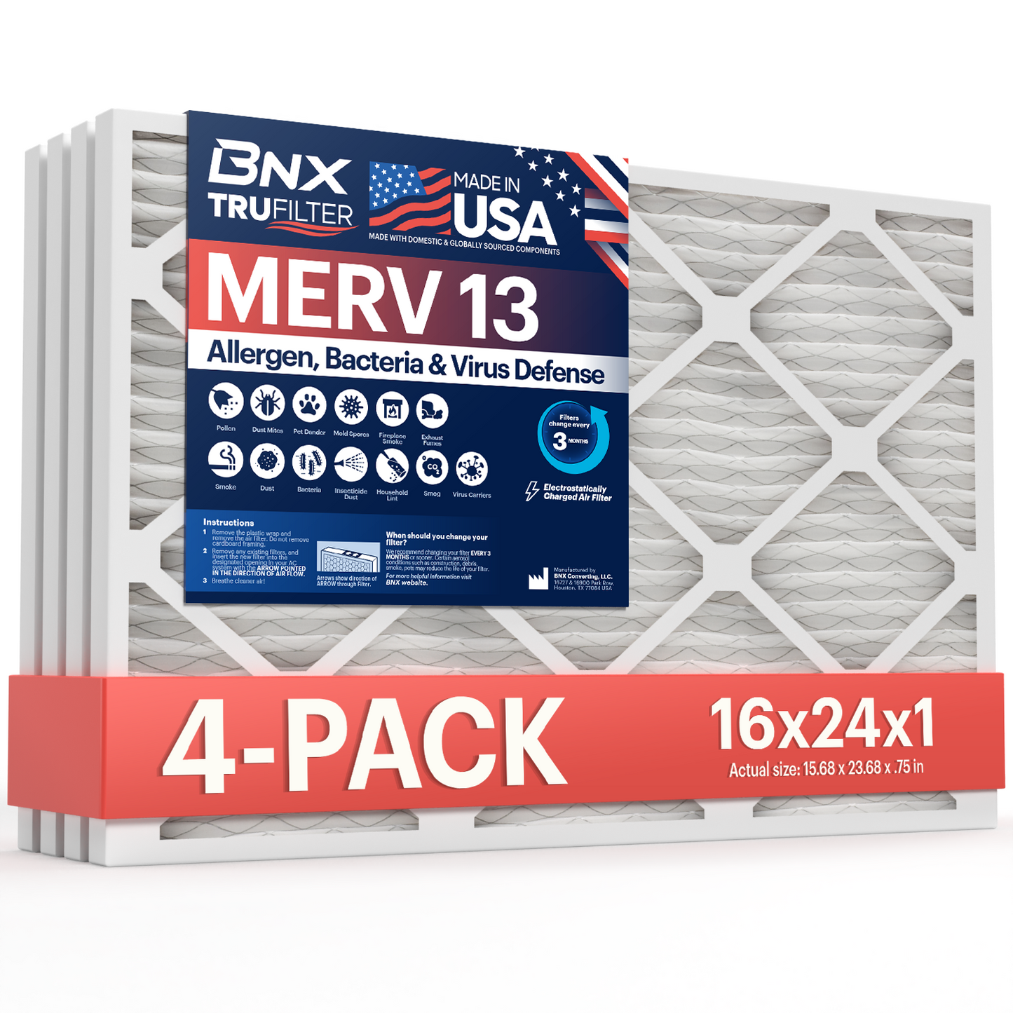 BNX TruFilter 16x24x1 MERV 13 Pleated Air Filter – Made in USA (4-Pack)