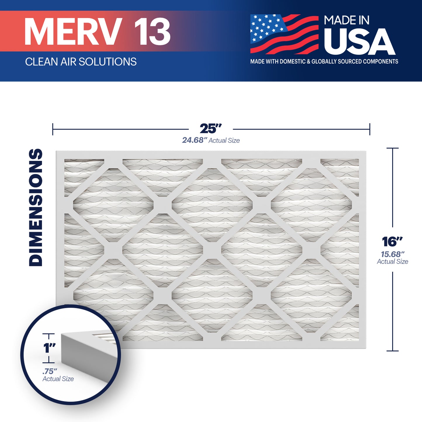 BNX 16x25x1 MERV 13 Pleated Air Filter – Made in USA (4-Pack)