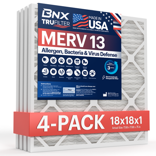 BNX TruFilter 18x18x1 MERV 13 Pleated Air Filter – Made in USA (4-Pack)