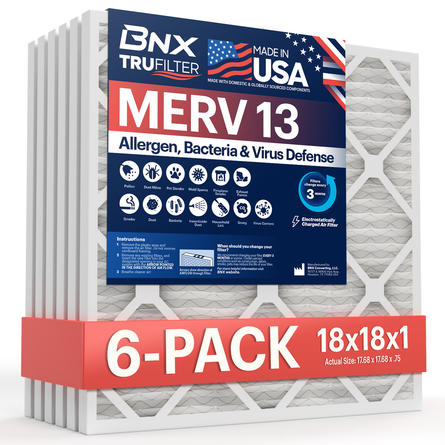 BNX TruFilter 18x18x1 MERV 13 Pleated Air Filter – Made in USA (6-Pack)