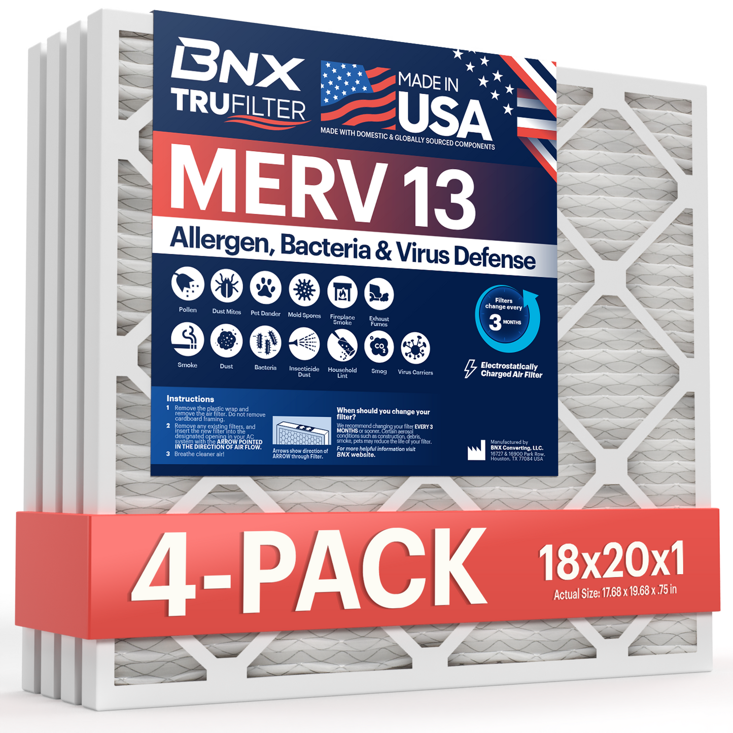BNX TruFilter 18x20x1 MERV 13 Pleated Air Filter – Made in USA (4-Pack)