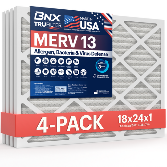 BNX TruFilter 18x24x1 MERV 13 Pleated Air Filter – Made in USA (4-Pack)