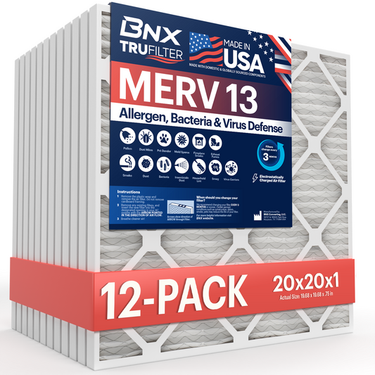 BNX TruFilter 20x20x1 MERV 13 Pleated Air Filter – Made in USA (12-Pack)