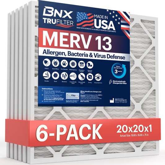 BNX TruFilter 20x20x1 MERV 13 Pleated Air Filter – Made in USA (6-Pack)