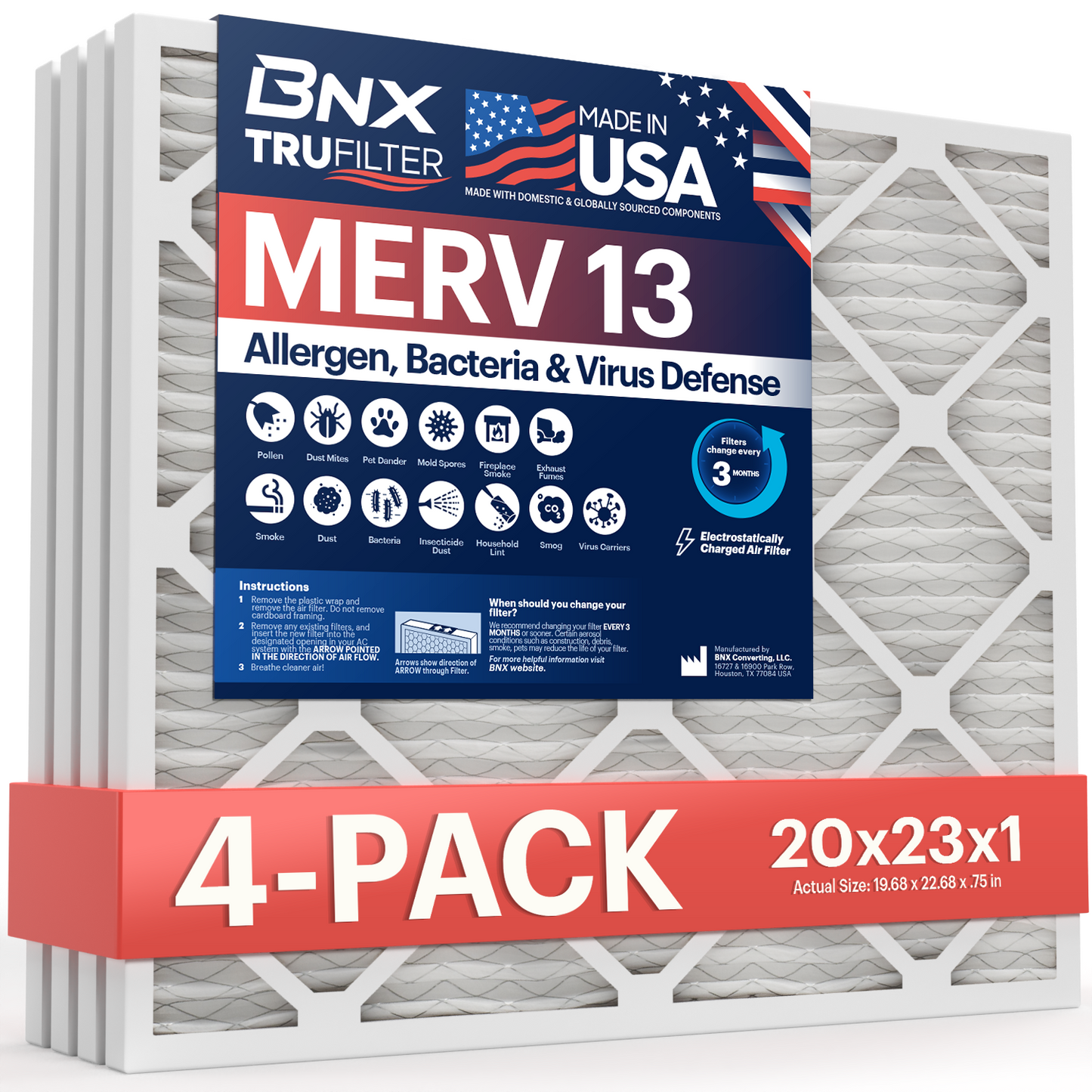 BNX TruFilter 20x23x1 MERV 13 Pleated Air Filter – Made in USA (4-Pack)