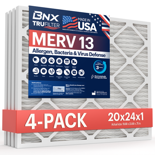 BNX TruFilter 20x24x1 MERV 13 Pleated Air Filter – Made in USA (4-Pack)