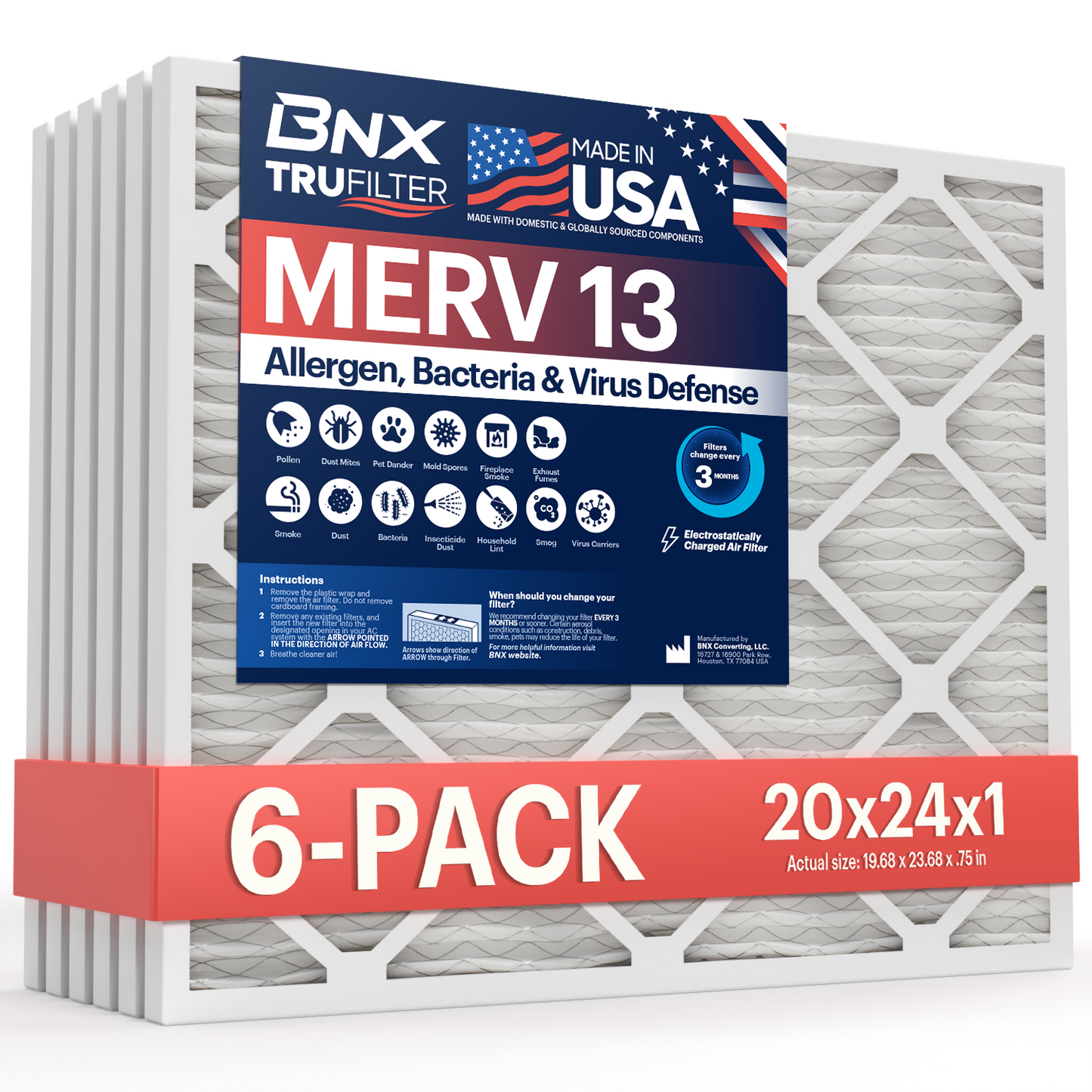 BNX TruFilter 20x24x1 MERV 13 Pleated Air Filter – Made in USA (6-Pack)