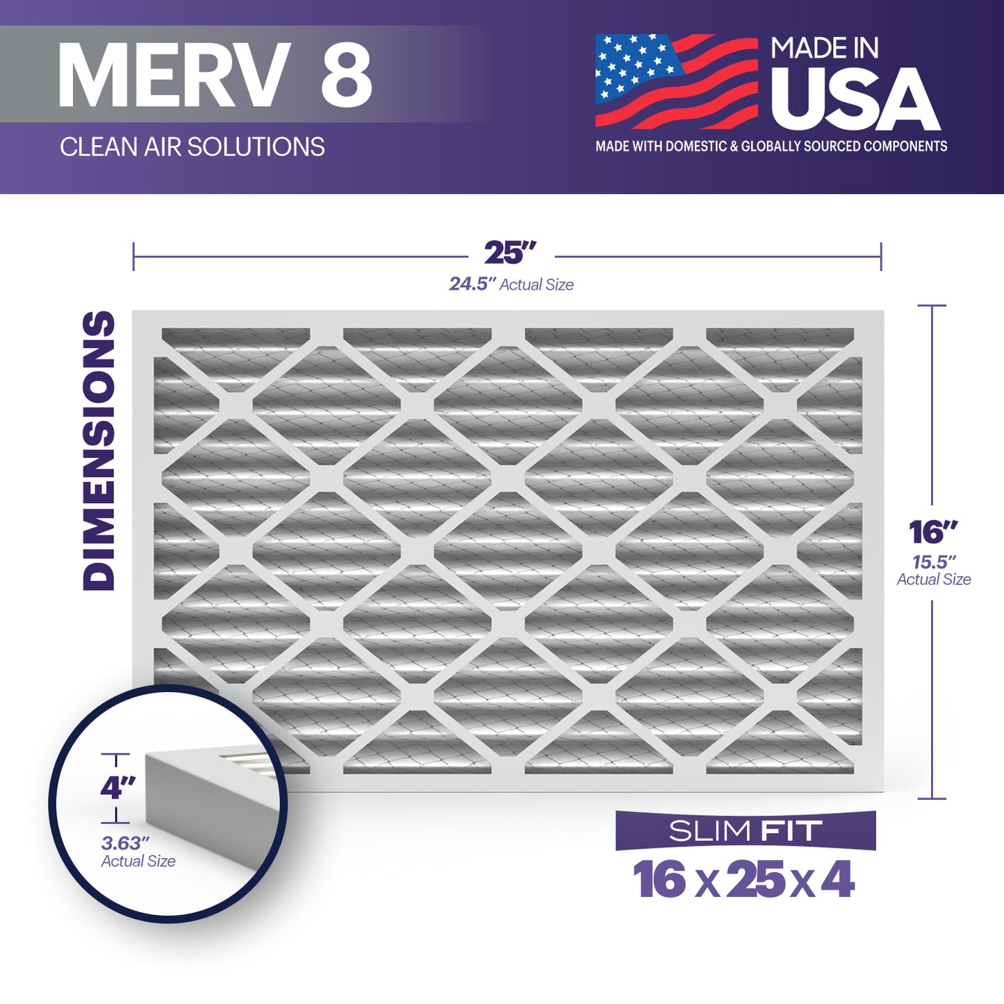 BNX TruFilter 16x25x4 MERV 8 Pleated Air Filter – Made in USA (2-Pack)